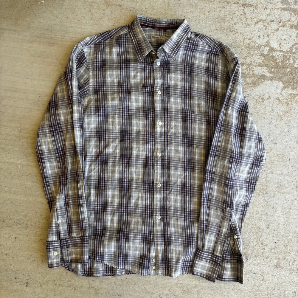 Mason's Men's Gray Long Sleeve Button Down Casual Shirt Size Large Italy Plaid